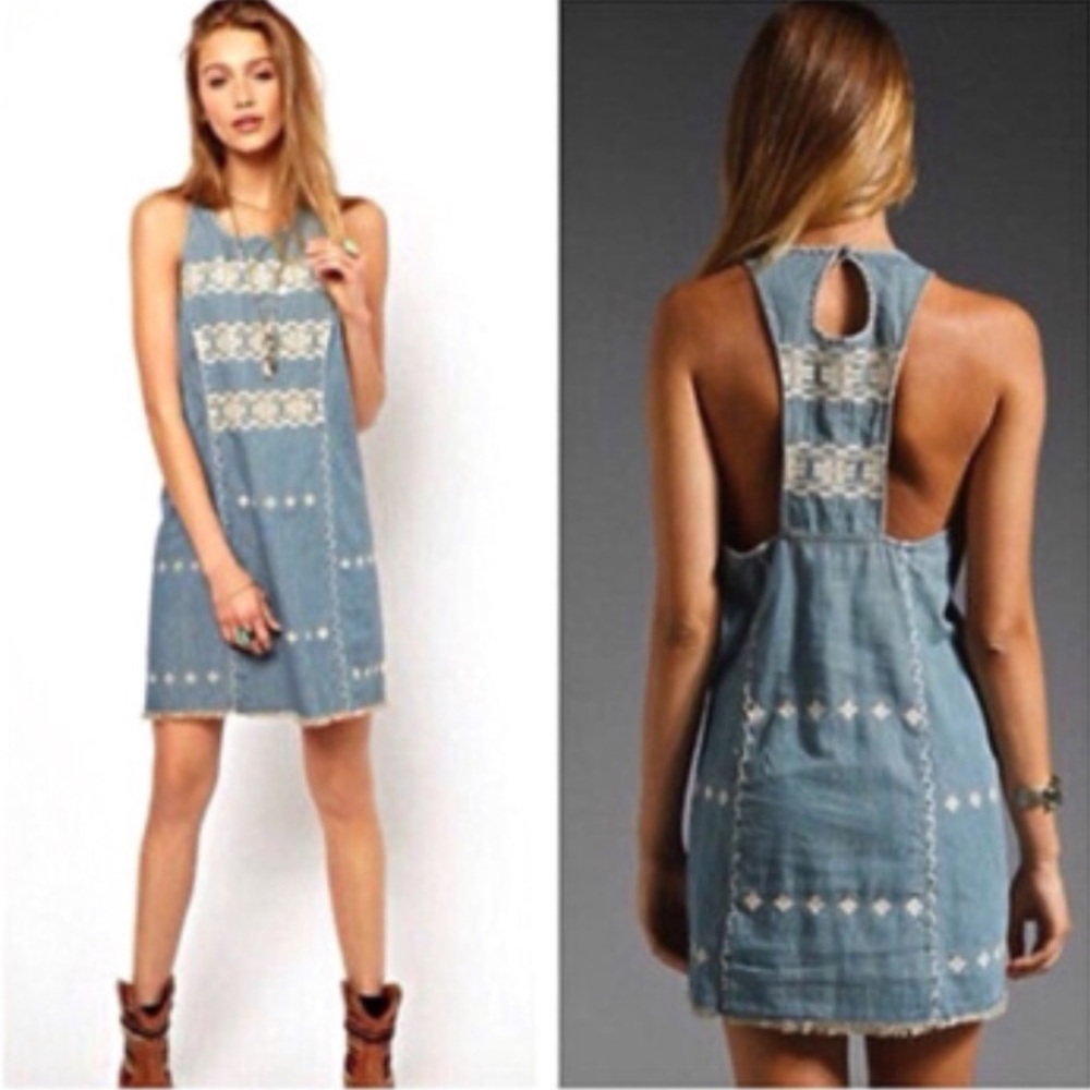 Free People Denim Tribal Embroidered Dress